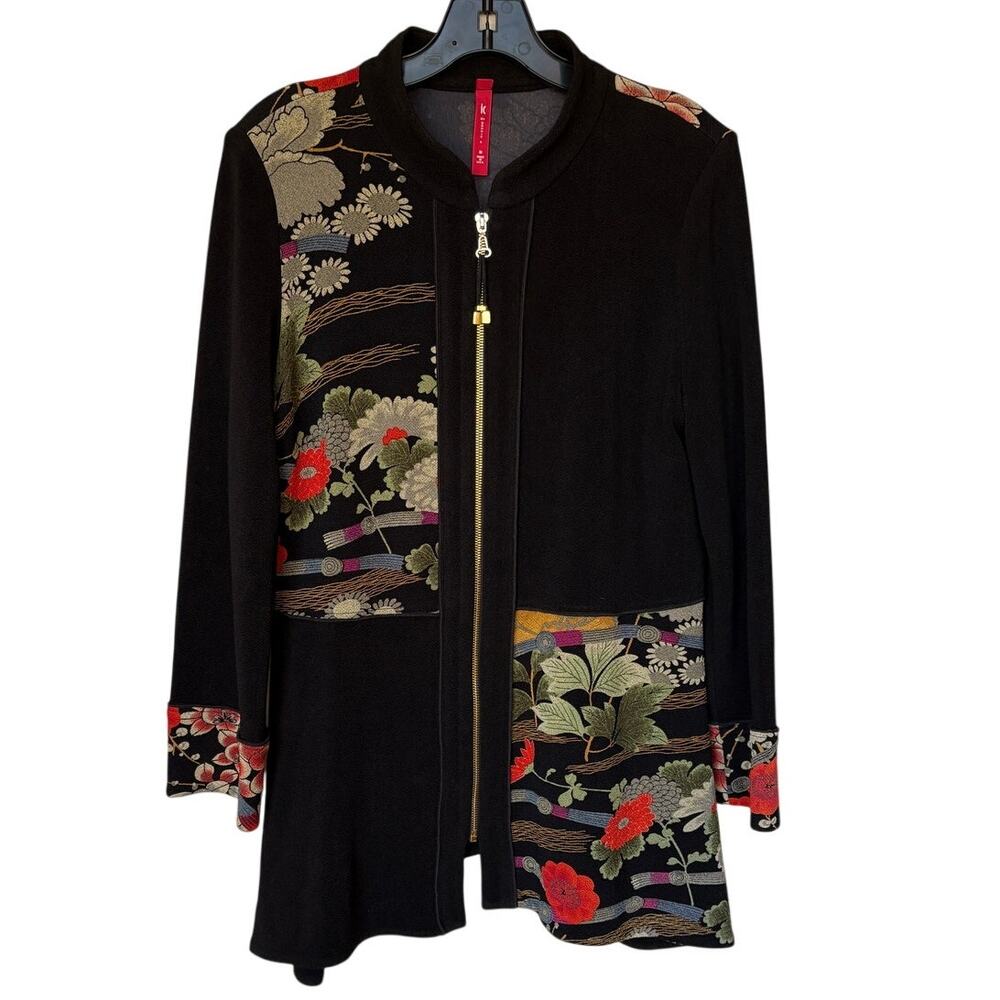 IC by Connie K Vintage Black Crepe w Asian Inspired Patchwork Long Jacket size M